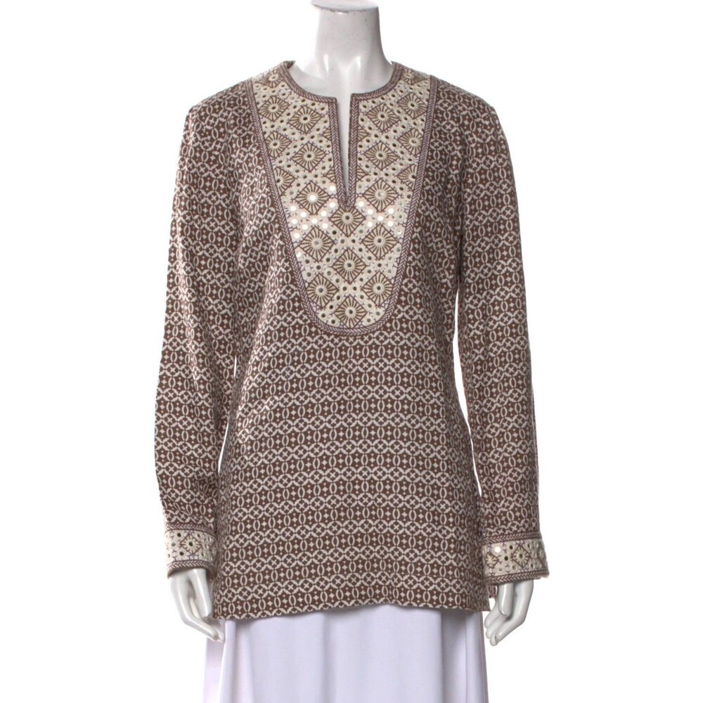 Tory‎ Burch Embroidered Linen Faux Mirror Work  V Neck Tunic  Small Tunic